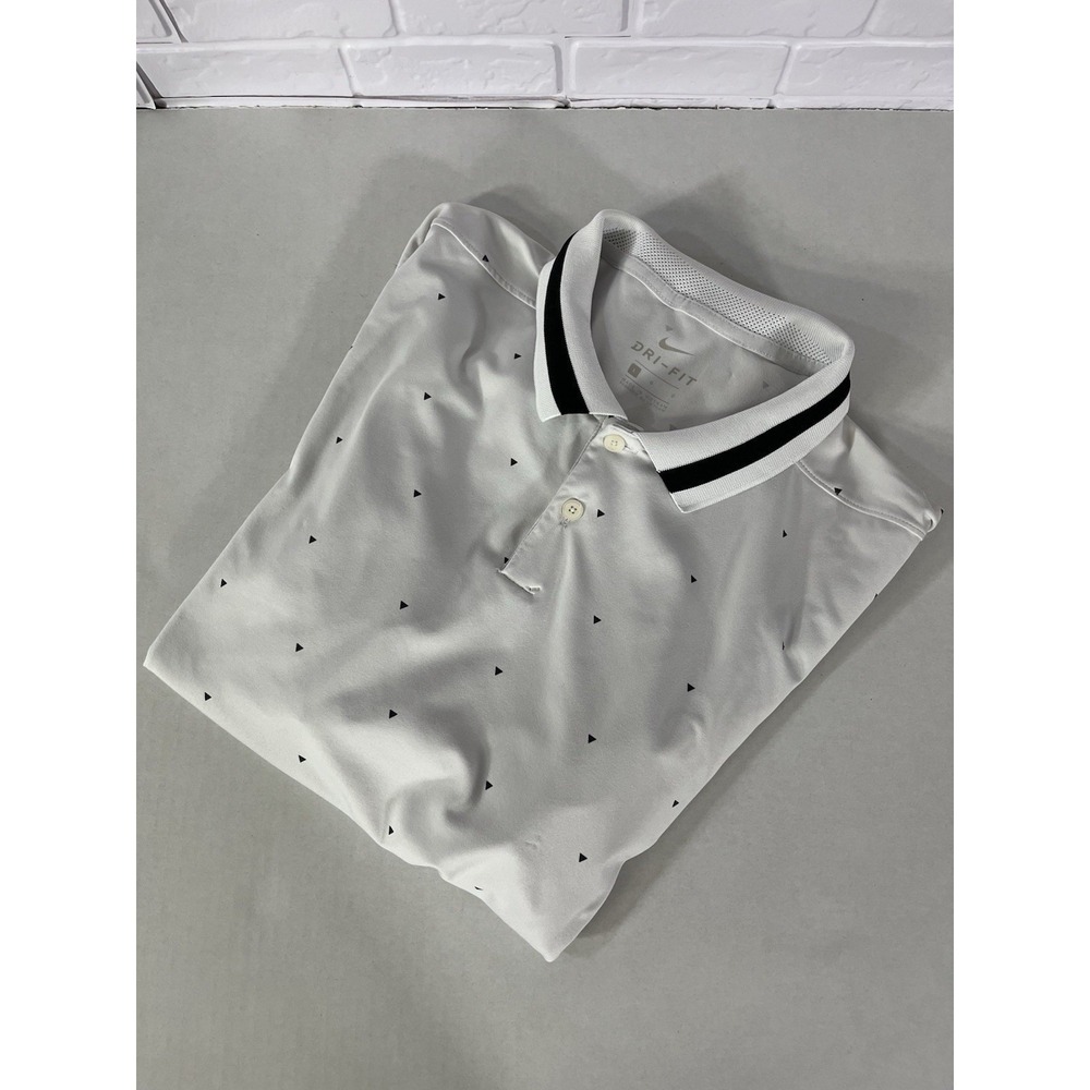 Nike Dri-FIT Polo‎ Shirt Mens Large White Black Triangle Print Golf Short Sleeve